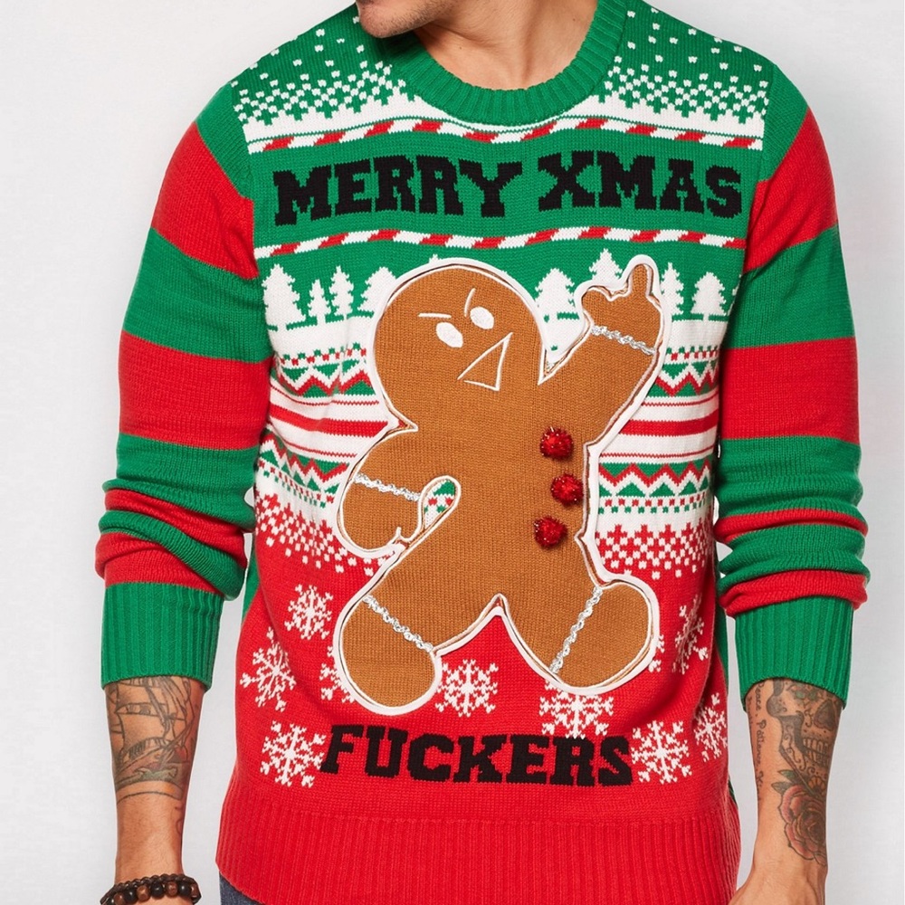 Spencer’s adult humor nwt Festive Christmas Sweater Gingerbread Design Mens XL